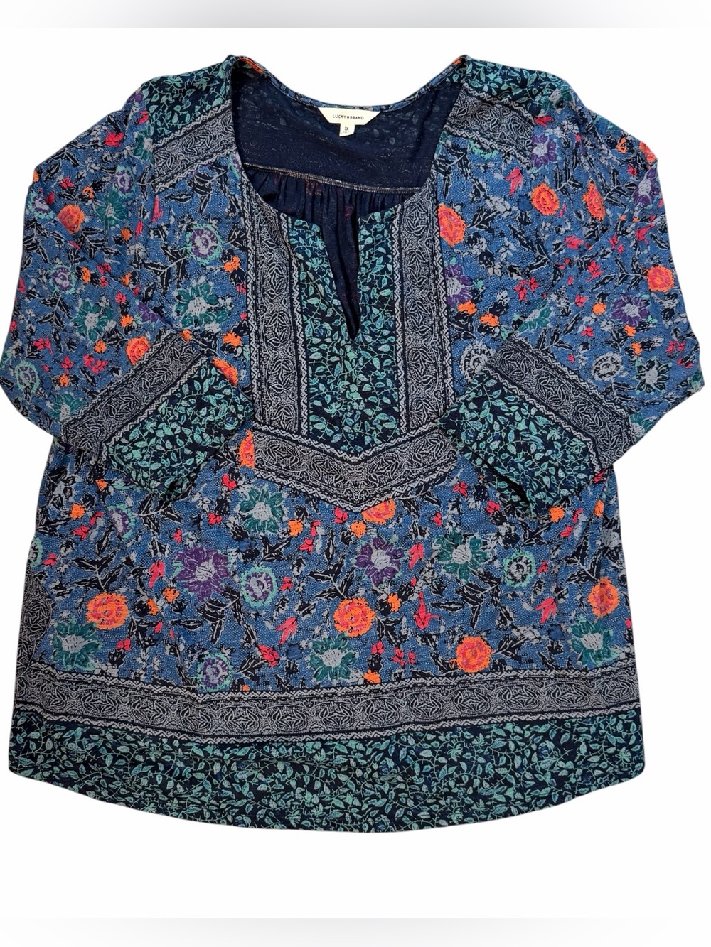 Lucky Brand Top Blouse Tunic Blue Green Floral  Plus Boho Flowy Colorful Sz 3X
